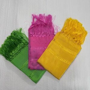 Vibrant Green, Pink, and Yellow Scarves Mexican Rebozo lot of 3 pieces.